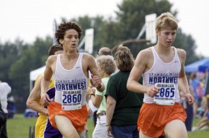 Juniors Sterling Spencer and Aaron Thornburg race to the finish line at JCCC on Sept. 5th.
