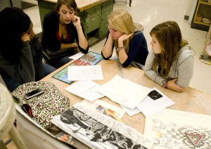 Mural club members Staci Darby, Cassie Jones, Sara Irick and Michelle Landis met on Tuesday, Oct. 27, to brainstorm ideas for their upcoming mural. “We’re trying to put something unique on the walls that can’t be found in other murals,” said Irick.