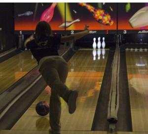 Trying for a spare, sophomore Brianna Laveigne releases the ball on Feb. 4