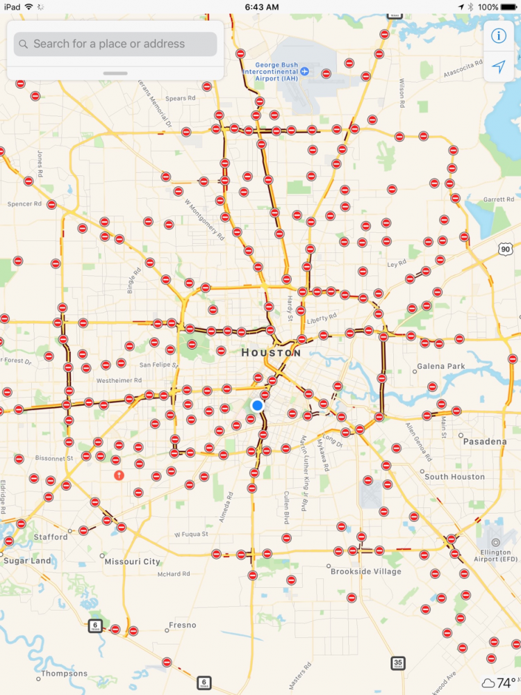 The blue dot shows Brewers location. Every red dot represents a blocked road. 